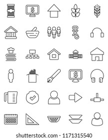 thin line vector icon set - colander vector, measuring cup, cookbook, plates, pasta, pen, school building, corner ruler, university, man, arrow up, hierarchy, monitor dollar, calendar, cereals, home