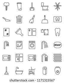 thin line vector icon set - soap vector, plunger, scraper, cleaner trolley, broom, scoop, trash bin, window cleaning, welcome mat, toilet, drying clothes, washer, shining, paper, shower, towel, bath