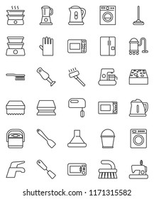 thin line vector icon set - water tap vector, vacuum cleaner, fetlock, mop, bucket, sponge, rubber glove, kettle, spatula, microwave oven, blender, fridge, washer, mixer, coffee maker, hood