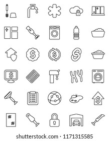 thin line vector icon set - scraper vector, window cleaning, toilet brush, washer, foam basin, shining, blender, exchange, dollar growth, medal, monitor, water bottle, internet, ambulance star, pond