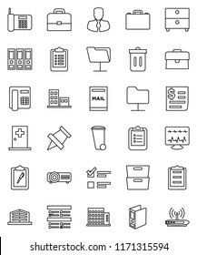 thin line vector icon set - trash bin vector, case, clipboard, paper pin, archive, exam, manager, binder, receipt, diagnostic monitor, medical room, network folder, mailbox, apartments, phone