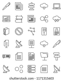 thin line vector icon set - pen vector, notebook pc, document, personal information, laptop graph, binder, prohibition sign, signpost, satellite antenna, newspaper, network, folder, cloud exchange