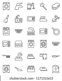 thin line vector icon set - broom vector, water tap, vacuum cleaner, fetlock, scoop, sponge, iron, drying clothes, washer, sink, pan, colander, microwave oven, kettle