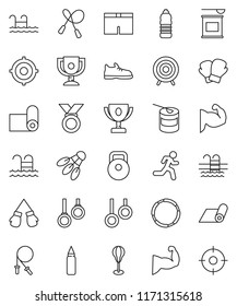 thin line vector icon set - award cup vector, target, weight, jump rope, punching bag, muscule hand, snickers, boxing glove, shorts, medal, sports nutrition, water bottle, fitness mat, shuttlecock