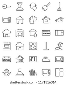 thin line vector icon set - plunger vector, mop, car fetlock, steaming, shining window, house hold, microwave oven, university, home, key, cottage, garage, rooms signboard, sold, smart, protect