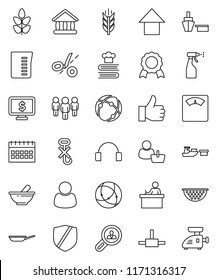 thin line vector icon set - sprayer vector, pan, colander, measuring cup, cookbook, student, medal, university, man, arrow up, calendar, monitor dollar, scales, cereals, port, no hook, protected