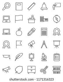 thin line vector icon set - copybook vector, graduate hat, pen, pencil, school building, blackboard, ruler, drawing compass, student, apple fruit, telescope, microscope, bell, calculator, clipboard