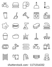 thin line vector icon set - soap vector, plunger, scraper, cleaner trolley, vacuum, fetlock, mop, scoop, bucket, sponge, towel, trash bin, water tap, splotch, drying clothes, toilet brush, washer