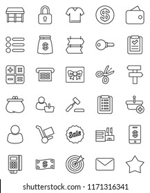 thin line vector icon set - gift vector, dollar coin, wallet, cash, money bag, sale, market, mall, customer, target, card reader, receipt, basket, shopping list, calculator, auction, trolley, mail