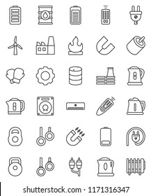 thin line vector icon set - kettle vector, magnet, weight, boxing glove, gymnast rings, flammable, oil barrel, remote control, battery, rca, gear, windmill, air conditioner, factory, power plug