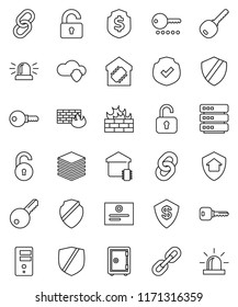 thin line vector icon set - certificate vector, dollar shield, safe, protected, link, cloud, big data, server, firewall, chain, unlock, key, siren, smart home, protect, password