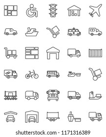 thin line vector icon set - school bus vector, bike, Railway carriage, plane, traffic light, ship, truck trailer, sea container, delivery, car, port, consolidated cargo, warehouse, disabled, garage