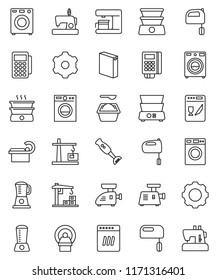 thin line vector icon set - washer vector, washing powder, mixer, double boiler, blender, tomography, gear, construction crane, card reader, dishwasher, coffee maker, meat grinder, sewing machine