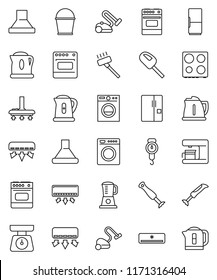 thin line vector icon set - vacuum cleaner vector, bucket, kettle, scales, oven, air conditioner, fridge, washer, coffee maker, hood, blender