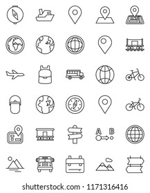 thin line vector icon set - camping cauldron vector, backpack, compass, school bus, world, bike, signpost, navigator, earth, map pin, Railway carriage, plane, ship, route, globe, mountain