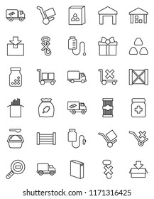 thin line vector icon set - washing powder vector, cereal, pasta, delivery, wood box, cargo, no trolley, hook, warehouse, package, search, pills bottle, drop counter, relocation truck, gift