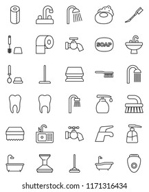thin line vector icon set - soap vector, water tap, fetlock, mop, sponge, car, bath, toilet brush, liquid, paper, shower, sink, tooth, epilator
