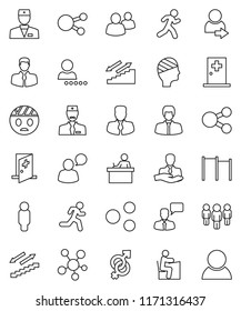 thin line vector icon set - student vector, manager, man, horizontal bar, stairways run, client, speaking, social media, group, doctor, gender sign, head bandage, medical room, share, login