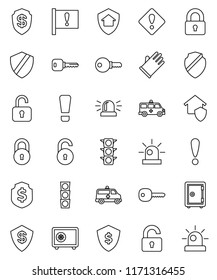 thin line vector icon set - rubber glove vector, dollar shield, safe, attention, traffic light, amkbulance car, lock, unlock, key, sign, siren, home protect, password