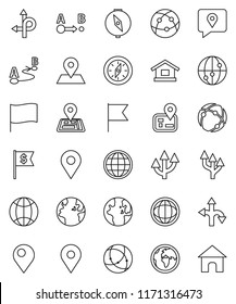 thin line vector icon set - compass vector, world, flag, dollar, route, navigator, earth, map pin, traking, internet, connection, globe, arrow, home