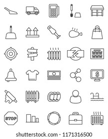 thin line vector icon set - scoop vector, toilet brush, plates, rolling pin, blender, chicken leg, case, bell, schedule, cash, target, monitor dollar, molecule, hoop, signpost, delivery, top sign