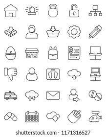 thin line vector icon set - cook timer vector, pencil, backpack, calendar, scales, support, receipt, weight, finger down, rca, pills, amkbulance car, notebook network, cloud shield, exchange, gear