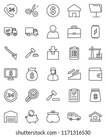 thin line vector icon set - case vector, wallet, crisis, money bag, piggy bank, auction, dollar medal, monitor, clipboard, enegry drink, stairways run, phone 24, delivery, car, package, home, user