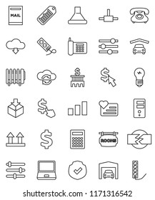 thin line vector icon set - calculator vector, bank building, dollar cursor, sign, heart monitor, phone, top, package, sorting, protected, barcode, notebook pc, connect, cloud exchange, server, hood