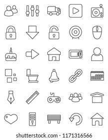 thin line vector icon set - toilet vector, cake, pen, ruler, bell, target, arrow down, calendar, dry cargo, radio, gamepad, settings, group, heart, play button, home, bench, undo, loading, chain