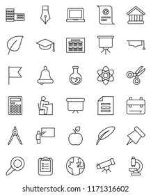 thin line vector icon set - graduate hat vector, pen, school building, blackboard, drawing compass, student, backpack, apple fruit, atom, telescope, bell, calculator, notebook pc, schedule, scissors