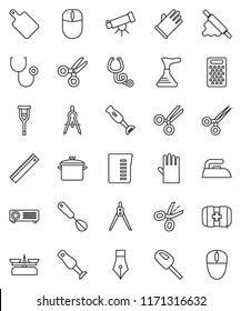 thin line vector icon set - plunger vector, iron, rubber glove, pan, measuring cup, whisk, rolling pin, cutting board, grater, blender, pen, ruler, drawing compass, telescope, scissors, crutches