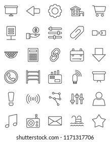 thin line vector icon set - colander vector, backpack, calculator, music, cart, investment, arrow down, presentation board, pool, shelving, radio, settings, link, network, gear, equalizer, usb modem