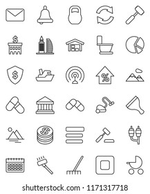 thin line vector icon set - scraper vector, vacuum cleaner, rake, toilet, meat hammer, bell, bank, pie graph, percent growth, building, dollar shield, pills, calendar, ship, weight, antenna, rca