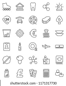 thin line vector icon set - sponge vector, trash bin, splotch, hand mill, cookbook, plates, mushroom, oil, student, molecule, university, calculator, target, personal information, euro sign, pound