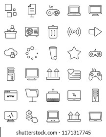 thin line vector icon set - trash bin vector, student, notebook pc, dollar cursor, heart monitor, top sign, gamepad, favorites, diagnostic, network folder, cloud lock, browser, lan connector, arrow