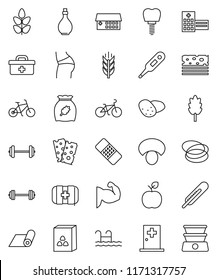 thin line vector icon set - oil vector, cereal, mushroom, potato, apple fruit, barbell, bike, muscule hand, buttocks, fitness mat, cereals, breads, first aid kit, hoop, doctor bag, thermometer, pool