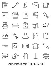 thin line vector icon set - plunger vector, vacuum cleaner, fetlock, mop, sponge, car, washing powder, rubber glove, kettle, spatula, double boiler, blender, fridge, washer, dishwasher, mixer, hood