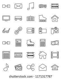 thin line vector icon set - welcome mat vector, glasses, calculator, music, cash, roller Skates, money, film frame, monitor, link, mail, share, home, bench, connection, fence, rooms signboard, video