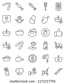thin line vector icon set - soap vector, cleaner trolley, foam basin, house hold, hand mill, blender, chicken leg, dollar coin, investment, trainer, boxing glove, traking, cargo, touchscreen, stop