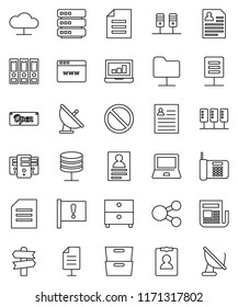 thin line vector icon set - notebook pc vector, document, archive, personal information, laptop graph, binder, prohibition sign, signpost, attention, satellite antenna, newspaper, server, cloud