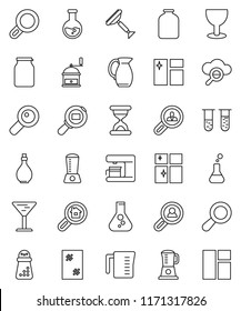 thin line vector icon set - scraper vector, window cleaning, shining, oil, measuring cup, hand mill, jug, jar, flask, glass, cargo search, vial, magnifier, sand clock, cloud, estate, client, blender