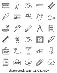 thin line vector icon set - water tap vector, splotch, welcome mat, washboard, thermometer, chicken leg, pen, pencil, ruler, drawing compass, glass, big scales, Railway carriage, hdmi, cottage, plan