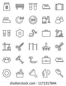 thin line vector icon set - scraper vector, vacuum cleaner, iron, steaming, student, case, horizontal bar, big scales, group, vial, scissors, gear, bench, construction crane, money bag, 24 hour