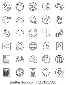 thin line vector icon set - glasses vector, personal information, pie graph, pound, pills, no fastfood, gymnast rings, oxygen, earth, music hit, backward button, cloud network, refresh, loading