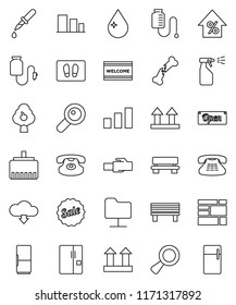 thin line vector icon set - water drop vector, welcome mat, sprayer, percent growth, consolidated cargo, top sign, sorting, classic phone, magnifier, dropper, broken bone, counter, network folder