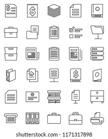 thin line vector icon set - case vector, clipboard, certificate, document, archive, exam, annual report, binder, receipt, newspaper, network folder, big data, estate, catalog, printer