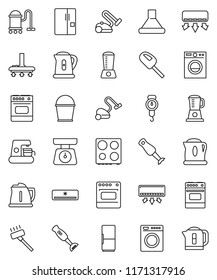 thin line vector icon set - vacuum cleaner vector, bucket, kettle, scales, oven, blender, air conditioner, fridge, washer, coffee maker, hood