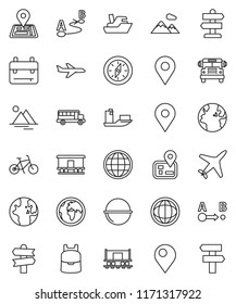 thin line vector icon set - camping cauldron vector, backpack, compass, school bus, world, bike, signpost, navigator, earth, map pin, Railway carriage, plane, ship, route, globe, mountain