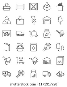 thin line vector icon set - washing powder vector, cereal, pasta, delivery, wood box, cargo, no trolley, hook, warehouse, package, search, pills bottle, drop counter, relocation truck, gift