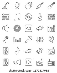 thin line vector icon set - music vector, disk, microphone, radio, speaker, loudspeaker, settings, equalizer, forward button, backward, rca, jack